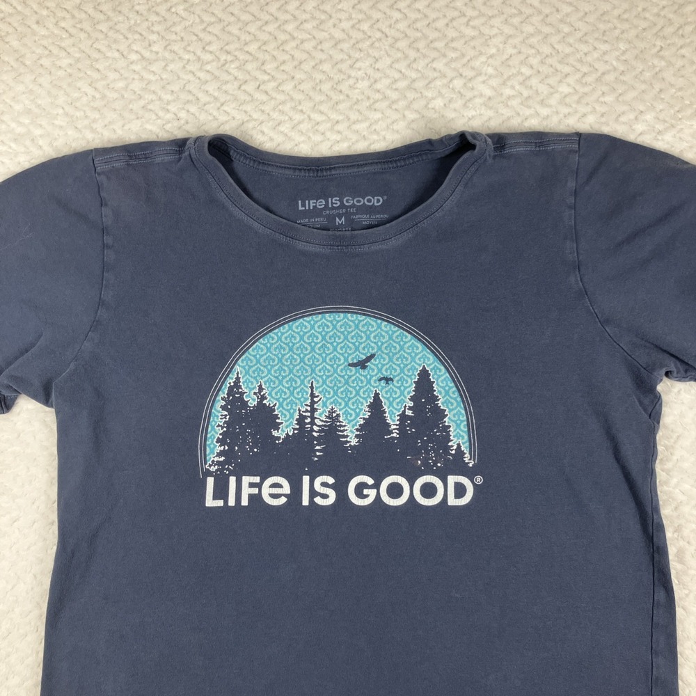 Life is Good Women's Medium Blue Crusher Tee Trees Birds Earthy